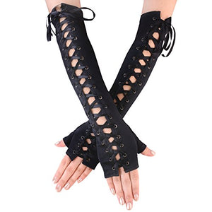 Full Length Fingerless Lace Up Arm Warmer Satin Gloves