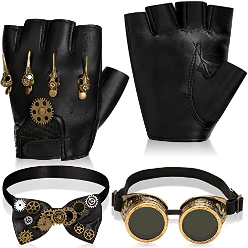 Suhine 4 Pcs Halloween Mens Steampunk Costume Accessories Set Include  Steampunk Bowtie with Gloves Brooch Lapel Pin and Goggle Glasses for Retro