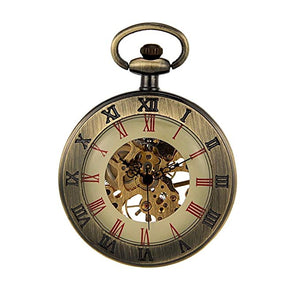 Steampunk Open face Skeleton Mechanical Pocket Watch with Chain