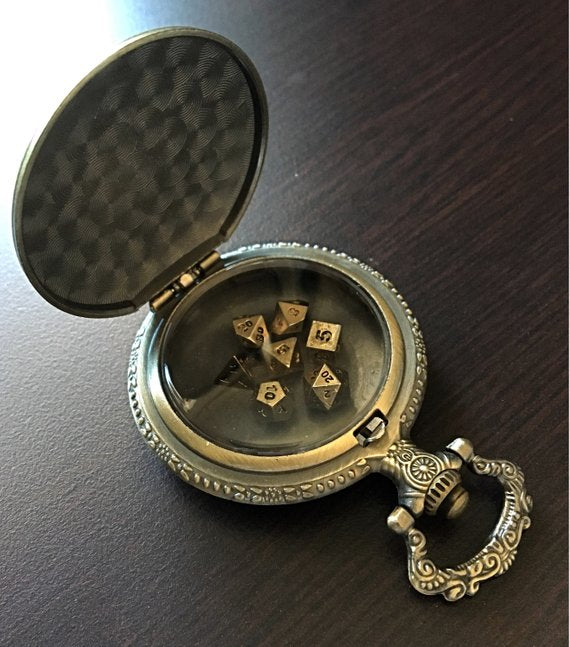 Steampunk Style Pocket Watch Shell with Partial Set of 6 Metal Micro Polyhedral Dice - NO D20