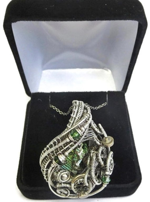 Bismuth Crystal Wire-Wrapped Steampunk Pendant in Sterling Silver