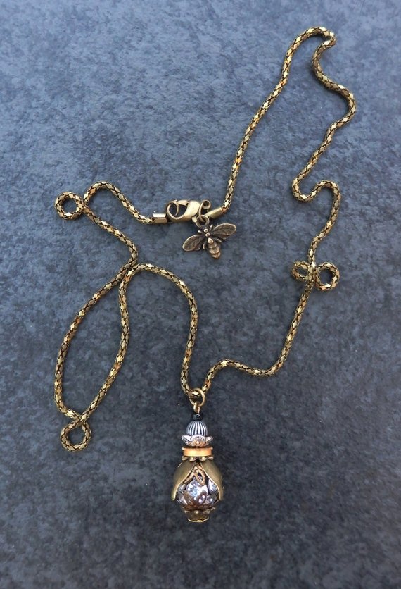 Unique handmade brass steampunk entomology bead beetle necklace