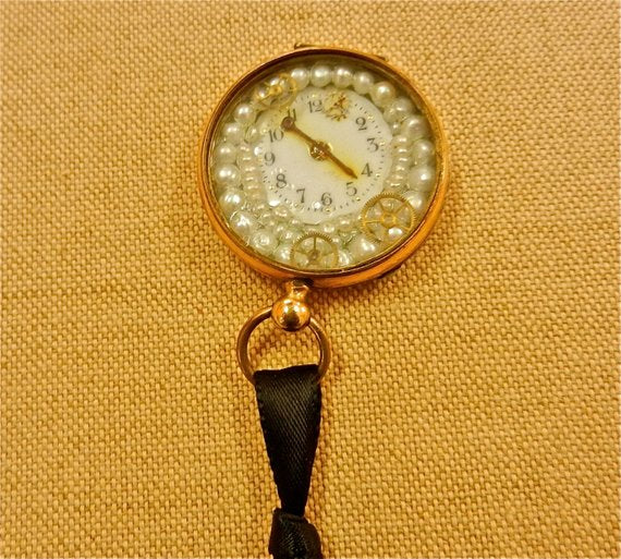 Vintage Antique Steampunk Gold And Pearls Pocket Watch